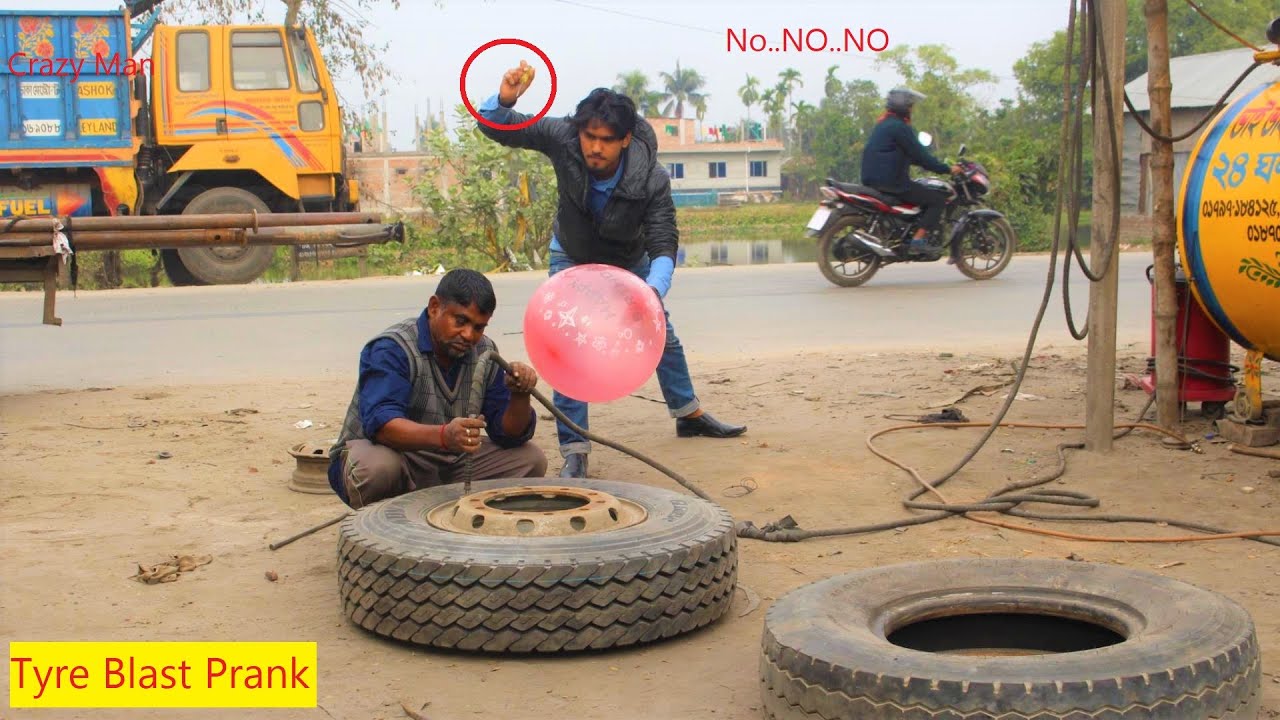 Tyre Blast Prank With Popping Balloons Crazye Man With Popping Balloon