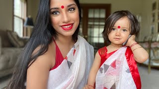 Poila boishak special mom and daughter matching Bengali traditional look.