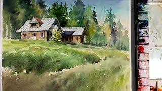 Watercolor Painting : Wooden house in the forest