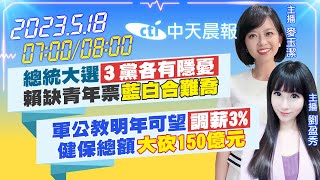 【麥玉潔/劉盈秀報新聞】總統大選「３黨各有隱憂」賴缺青年票「藍白合難喬」｜軍公教明年可望「調薪3%」健保總額「大砍150億元」 20230518 @中天新聞CtiNews