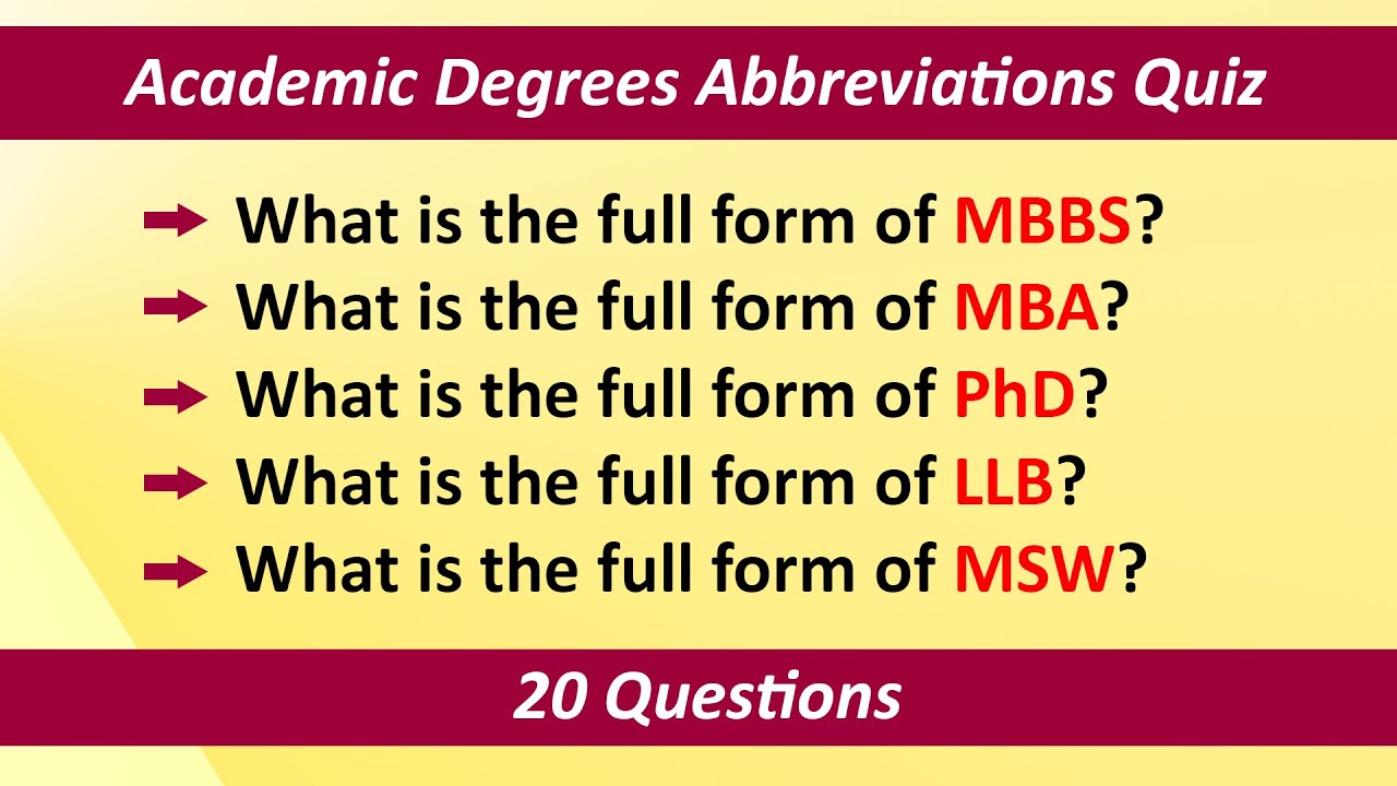 Academic Degrees Abbreviations Quiz | India | 20 Questions | Higher ...