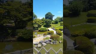 ふじのくに茶の都ミュージアム（静岡県旅行）小堀遠州ゆかりの日本庭園、茶室前の景観。夏の青空とセミの鳴き声。日本茶愛好家の観光やデートにおすすめのスポット。R4。Tea Museum Shizuoka