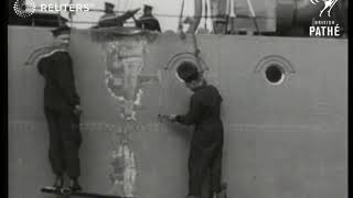 Destroyer HMS Wishart damaged while mooring on the Thames River (1937)