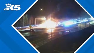 Semi-truck rollover crash and fire blocks I-405 N in Renton