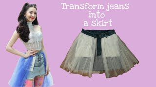 DIY เปลี่ยนกางเกงยีนส์เป็นกระโปรงแบบเบลล่า ราณี  |  Transform jeans to skirt  EP.7