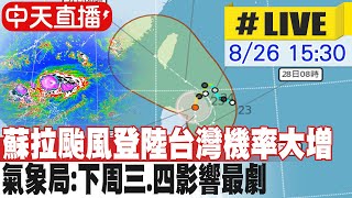 【中天直播#LIVE】蘇拉颱風登陸台灣機率大增 氣象局:下周三.四影響最劇 20230826 @中天新聞CtiNews