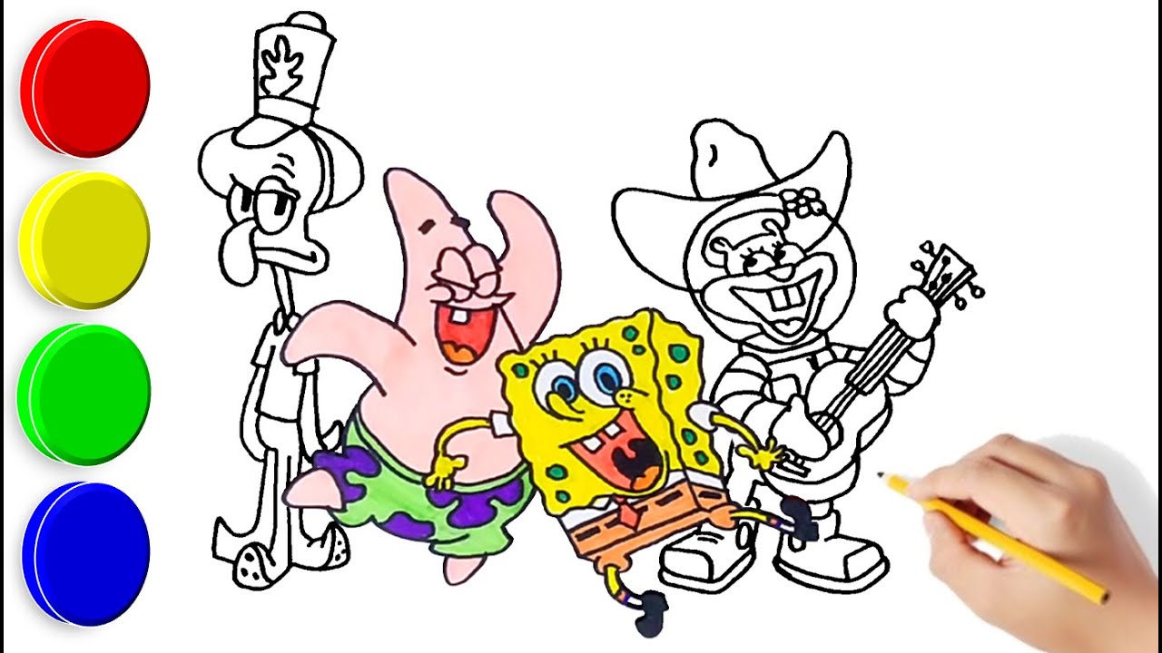 Menggambar & Mewarnai Spongebob, Patrick, Squidward Dan Sandy - YouTube