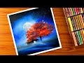 Oil Pastel scenery Drawing - easy moonlight scenery Painting with Oil Pastel /pastel art