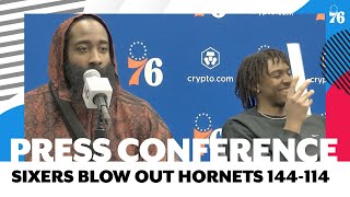 Joel Embiid, James Harden, Tyrese Maxey press conferences | Sixers vs. Hornets