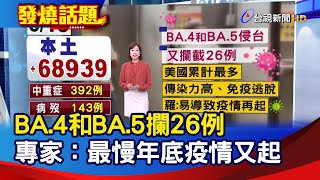 BA.4和BA.5攔26例 專家：最慢年底疫情又起【發燒話題】-20220615