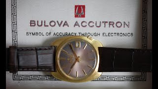 1968 Bulova Accutron men's vintage electronic watch with unusual dial.