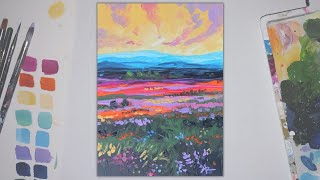 Sunset Painting with Wildflowers / Acrylic Painting / Step-by-Step Tutorial