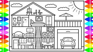 How to Draw a House Step by Step 🏡🚗House Drawing Design | House Coloring Pages for Kids