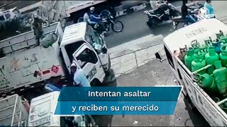Hombre evita asalto lanzando un tanque de gas al ladrón