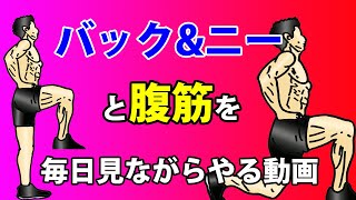 体脂肪を減らし、お腹を引き締める！膝を上げるバックランジ【バック＆ニー】と【腹筋】を一緒に見ながらやる動画！ニートゥチェスト、レッグレイズ、クランチ