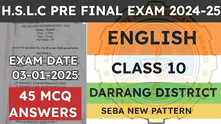 Class 10 Pre Final Exam Question Paper 2024-25 | English | Darrang District | seba