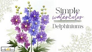 Watercolor Delphinium Flowers! How to paint easy flowers using angle brush!