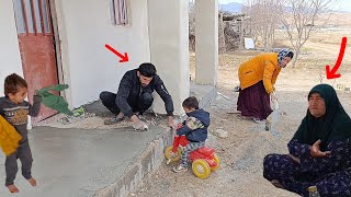 Cementing the porch floor: Ali's efforts and going to her parents