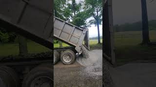 Tri Axle Dump Truck dumping Shur pac for Driveway Low Hanging Wires #highlights #vermont #dumptruck