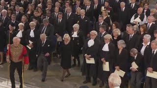 King Charles III and Queen consort Camilla arrive at Westminster condolence meeting