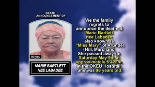 Marie Bartlett nee Labadee ~ Short Obituary