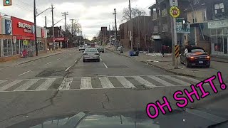 Mercedes almost smokes pedestrian on sidewalk after jumping up curb