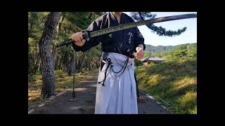 저렴한 흑호 사인도 단조 무혈조 전문베기 가능?  Korea Sacred  Black  Tiger Katana Bamboo Cutting Test Tameshigiri Sword