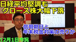 2023年12月1日【日経平均堅調もグロース株大幅下落　信用期日と年末税金対策の売りか】（市況放送【毎日配信】）