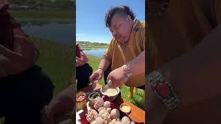 Enke eating belly-stuffed meat by the river! #camping #cooking #village #mongolia