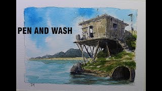 Pen and wash,Small Shack Easy style line and wash Great for beginner By Nil Rocha
