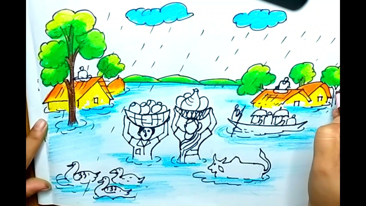 How To Draw Flood Scenery|Easy Flood Drawing For Kids - YouTube