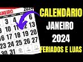 CALENDÁRIO JANEIRO 2024 COM FERIADOS NACIONAIS E LUAS