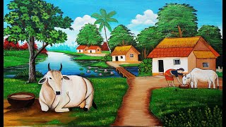 beautiful village scenery painting/ landscape scenery painting /Acrylic Painting