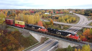 Aerial 4K Video - Nice Fall Colours! Big Stack Train CN 120 w/DPU at Berry Mills, NB