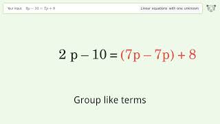 Linear equation with one unknown: Solve 9p-10=7p+8 step-by-step solution