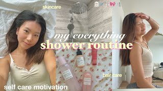 MY EVERYTHING SHOWER ROUTINE 🎀🫧 self care motivation \u0026 tips, skincare, makeup, haircare + more!