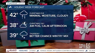 Calm and cloudy Christmas Eve, light precipitation tonight