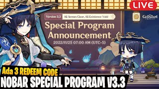 Live Ada 3 Redeem Code - NOBAR Special Program Genshin Impact v3.3