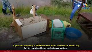 Athi River residents new hustle where they fish for household items washed away by floods