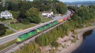 Awesome 4K Aerial View! Long Stack Train NBSR 120 passing thru Grand Bay - Westfield, NB