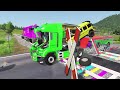 double flatbed trailer truck vs speedbumps train vs cars tractor vs train beamng.drive 076