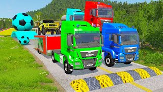 Double Flatbed Trailer Truck vs Speedbumps Train vs Cars | Tractor vs Train Beamng.Drive 076