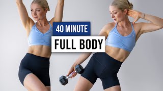 40 MIN FULL BODY TONING LOW IMPACT + TOTAL CORE Workout + Weights, No Repeat Exercises w/ Dumbbells