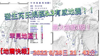 【地震快報】2022 6/28日 21：43分 發生芮氏規模5.3有感地震，最大震度3級！⭐️震央於 臺灣 西南部海域