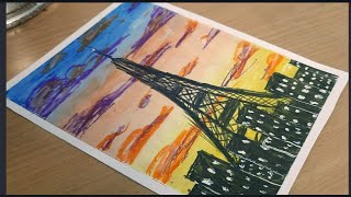 Eiffel Tower scenery with oil pastel \ oil pastel drawings/ easy oil pastel drawing/ Eiffel tower .