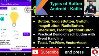 Types of Buttons - Android Kotlin (Button, ImageButton, Toggle, Switch, Floating, Checkbox, Radio)