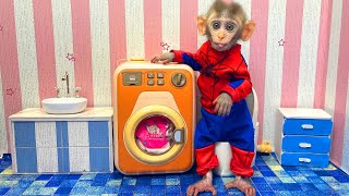 Monkey BobBob doing washing machine eat eggs ,fruit animals videos.