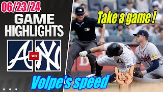 NY Yankees vs Atlanta Braves [Full Highlights] June 23, 2024 | Volpe thrown out - RBI double!