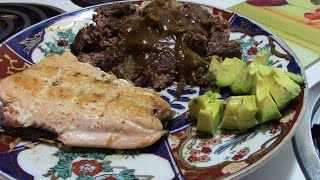 Delicious Ground Sirloin Dinner with Gravy with Salmon and Avocado