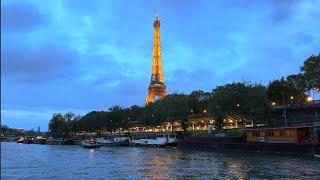 4K Paris Relaxation Video, Bateaux Mouches Seine River Cruise, Eiffel Tower shining in the night.